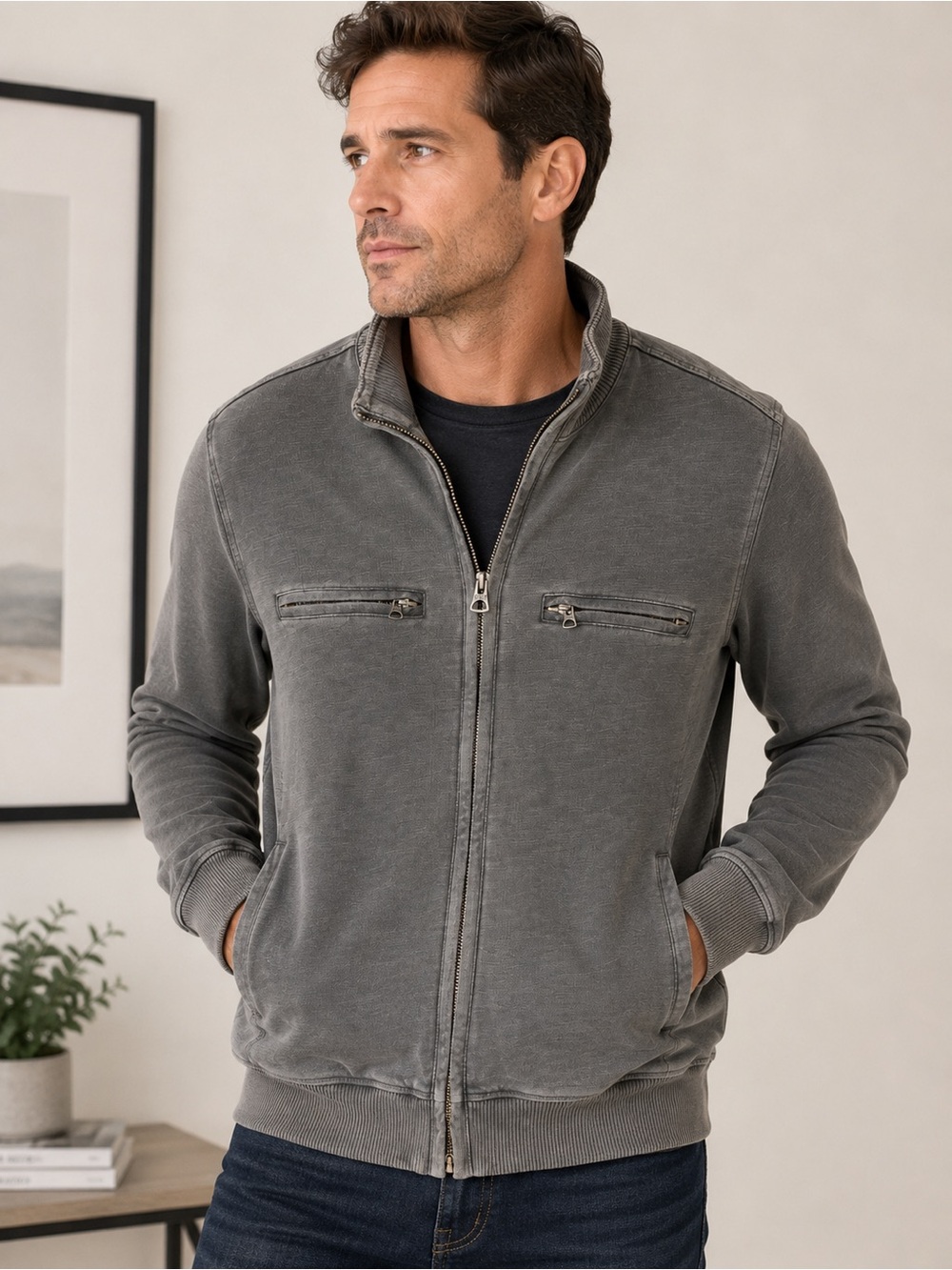 Lucky Brand Mens Black Label Full Zip Sweatshirt Jacket Gray Vintage Wash